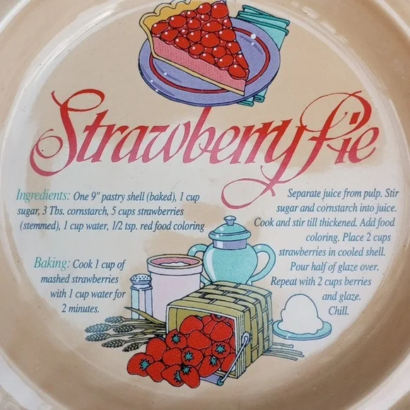 Decorative Ceramic Strawberry Pie Pan & Lid, Recipe, Red Tan Green Blue White - Picture 3 of 5